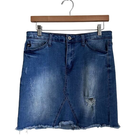 Kancan Juniors’ 7 / 27 Denim Blue Jean Distressed Raw Hem Mini Skirt Western - Picture 1 of 9
